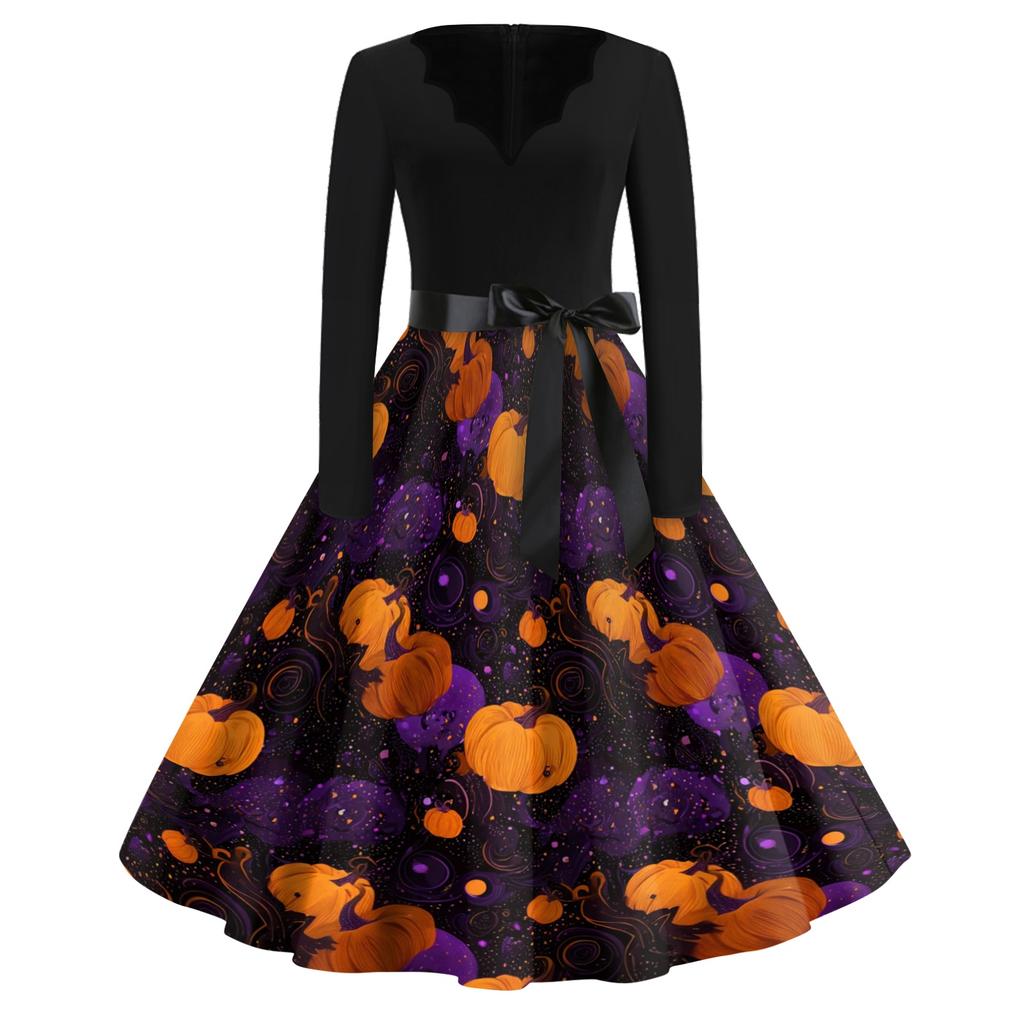 Abito casual da donna a maniche lunghe con scollo a V, stile vintage, con stampa di zucche di Halloween, stile retrò, gonna ampia, con cintura in vita per l'uso stagionale