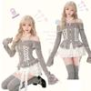 LAVASEON Cute Blouse for Sexy Ribbon Korean Tight Ruffled Long Princess Style Off-the-Shoulder Women, Top, Style, Knit, Fit, Button-Up,
