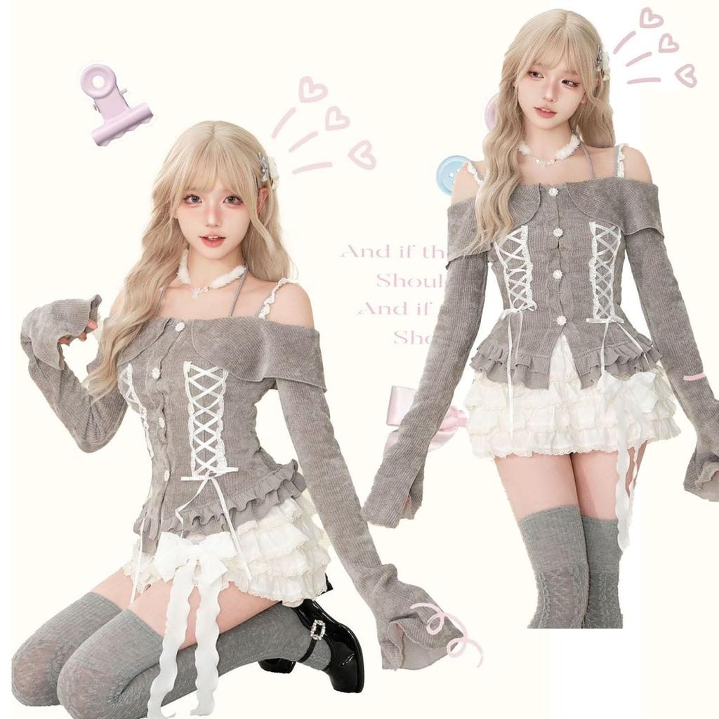 LAVASEON Cute Blouse for Sexy Ribbon Korean Tight Ruffled Long Princess Style Off-the-Shoulder Women, Top, Style, Knit, Fit, Button-Up,