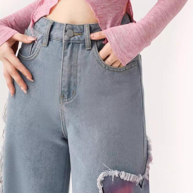Spring Ladies New Light Color Straight Wide Leg Butterfly Jeans