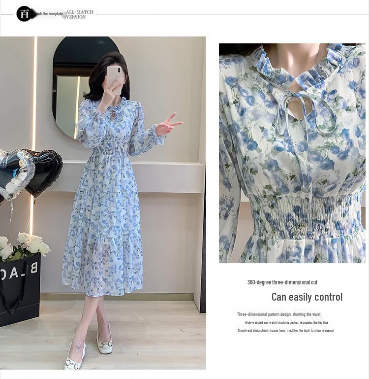 Korean Ruffle Rose Dress: Elegant Waist-Slimming Long Dress with French Sweet Ruffle Edges.