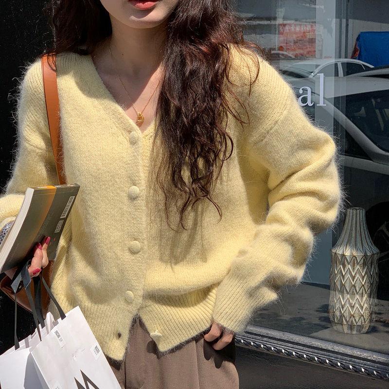 Autumn Winter Women's Knitted Cardigan Women V-Neck Short Solid Sweater Coat Korean Simple Casual Long Sleeve Tops