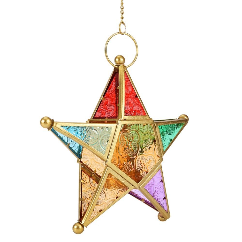 2PCS Colored Glass Colored Glass Lantern Star Wrought Iron Candle Holder Outdoor Terrace