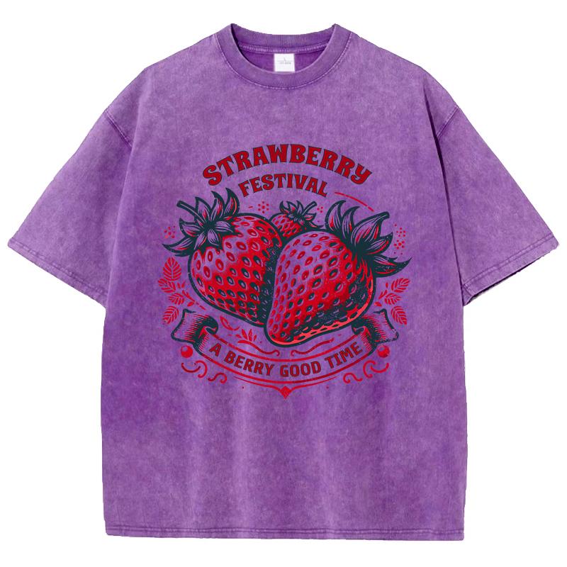 Strawberry Estival A Berry Good Time Prints Washed TShirt Women Cotton Tops Street Comfortable ONeck T Shirt Summer Clothes