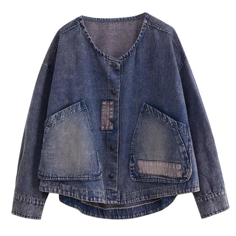 Plus Size Women's Polished White Distressed Denim Jacket Women's Autumn All-match Loose Large Pocket Casual Short Jacket Top