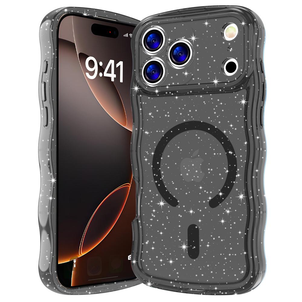 ins Style Wave For Magsafe Glitter Transparent Phone Case For iPhone 15 16 17 Pro Max Plus Lens Protection Wireless Charge Cover