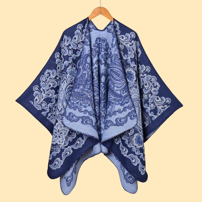 Women's scarf shawl retro jacquard thickened imitation cashmere split warm shawl cape autumn and winter models