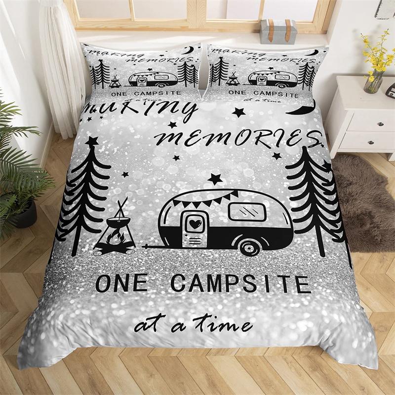 Camping Bettbezug Mikrofaser Galaxie Sterne Mond Happy Camping Bettdeckenbezug Camper Truck Geometrie Berg Bäume Bettwäscheset