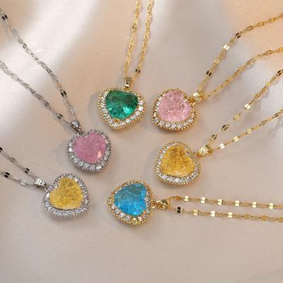 Color Love Zircon Pendant Stainless Steel Lip Chain Necklace Female Peach Heart Inlaid Zirconium Necklace