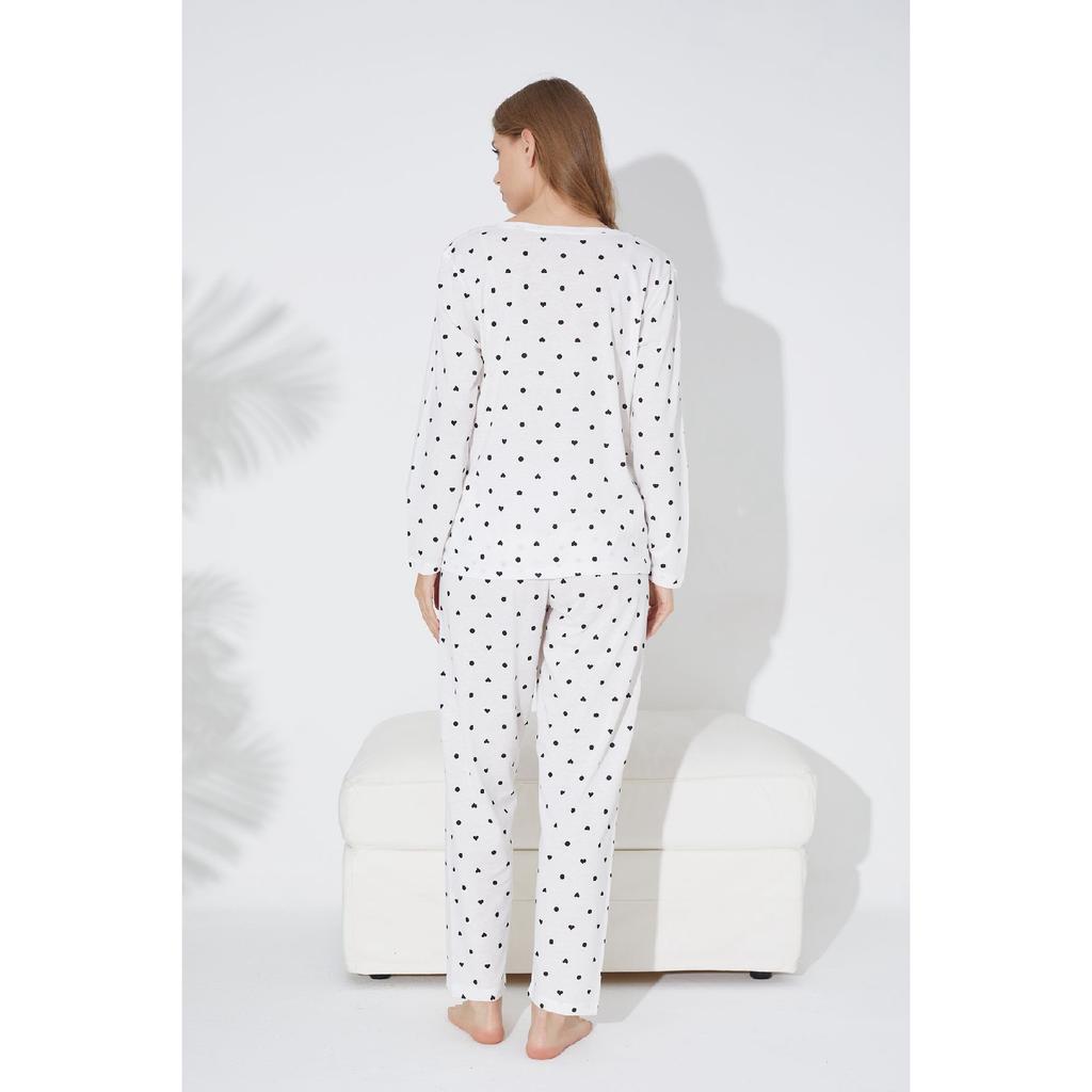 Pink Black Heart And Point Patterned Knitted Pajama Set 7792