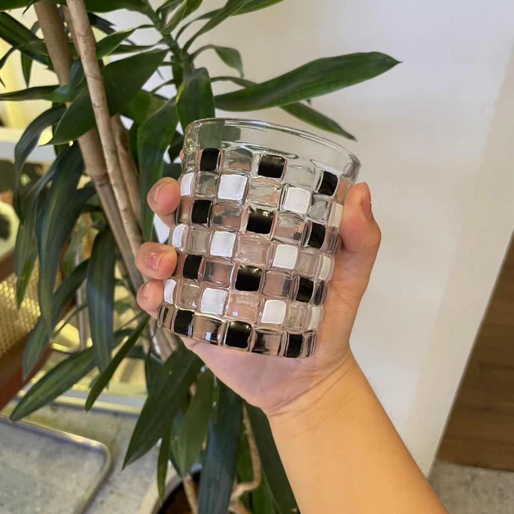 Hand-Painted Black & White Plaid Glass Cup for Beverages
