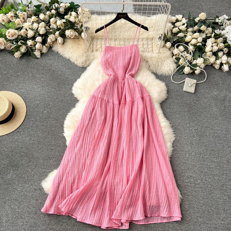 

Elastic Waist-Tightening Long Sexy Backless Spaghetti Straps Dress Pink S