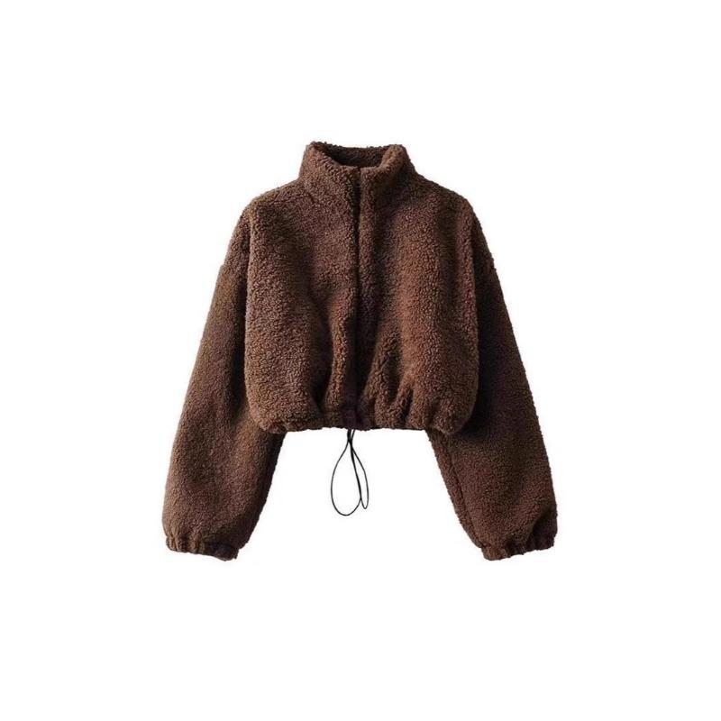 Women's Jacket Short Spring and Autumn Women's Clothing Zipper Drawstring Loose Versatile Stand-up Collar Fluffy Top