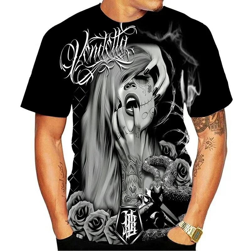 Summer Round Neck 3D Skull Beauty Pattern Print Top Fashionable Casual Short Sleeved Men's T-shirts