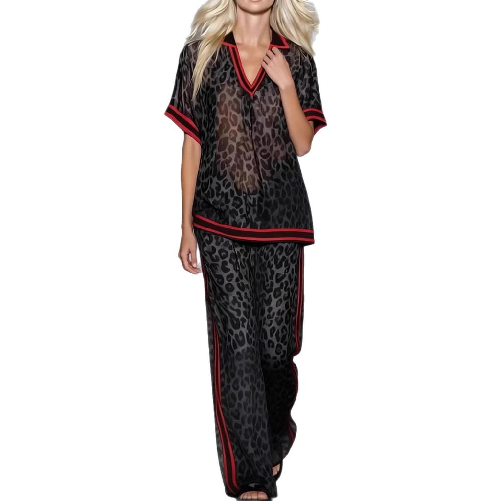 DM078 2026 Cross-border Spice Girl Vacation Leopard Print Collided Red Edge Chiffon Set V-Neck Short Sleeve Top Wide Leg Trousers