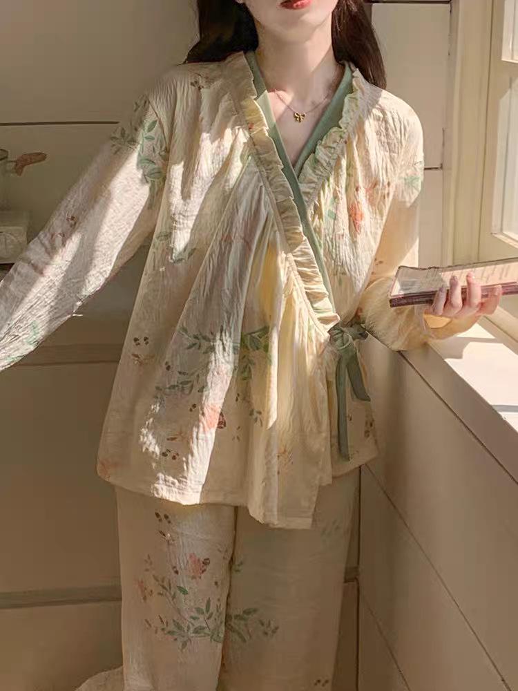 Frühjahr 2026 Damen Tragbares Wolkenbaumwoll-Bindepyjama-Set – Süßes, Niedliches, Bequemes Langarm-Oberteil und Hose