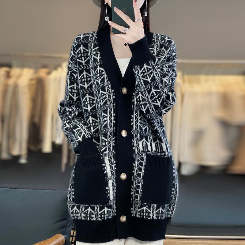 Women's Color Block Wool Cardigan Coat with Pockets