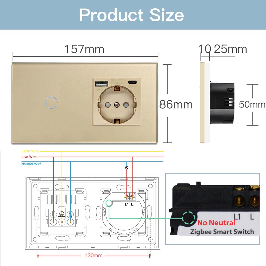 BSEED Zigbee 1/2/3Gang Wall Smart Switches 1/2/3Way Light Touch Switch with Typ-C USB EU Sockets Tuya Smart Life App Control
