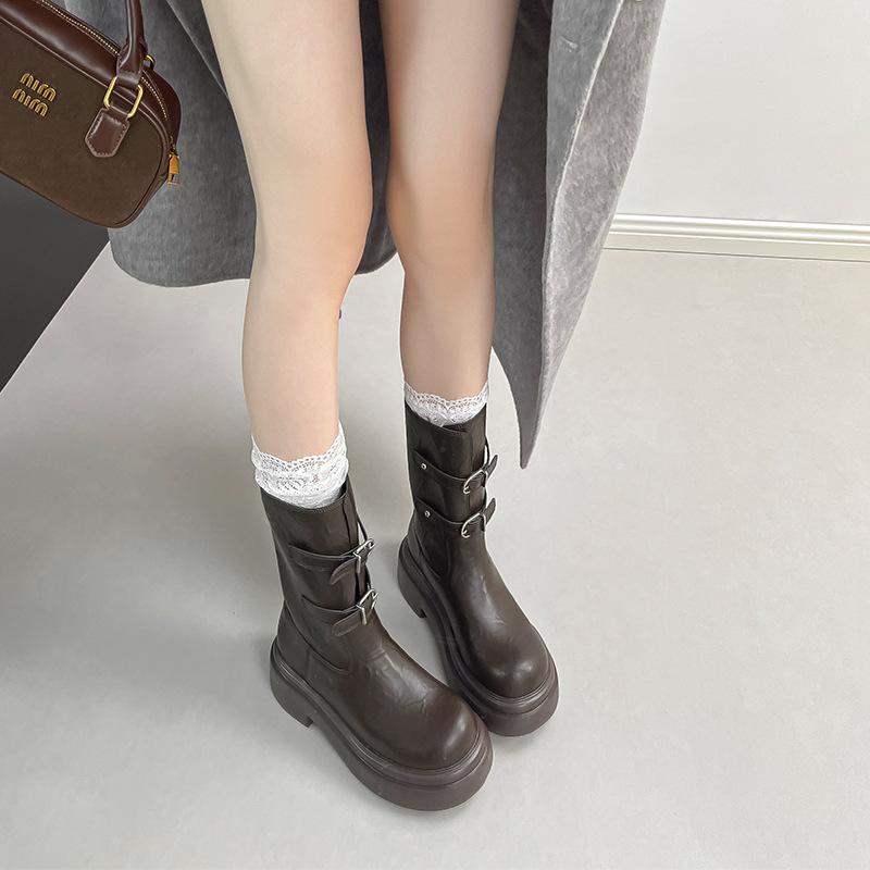 In stock, ultra-light retro boots for women, 2025 autumn and winter new belt buckle, thick-soled heightening knight boots, short boots for women