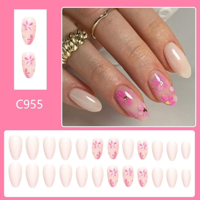 Press On Nail Short Almond Fake Nail French Full Cover Acrylic False Nail Flower Design Fake Nail for Women and Girls