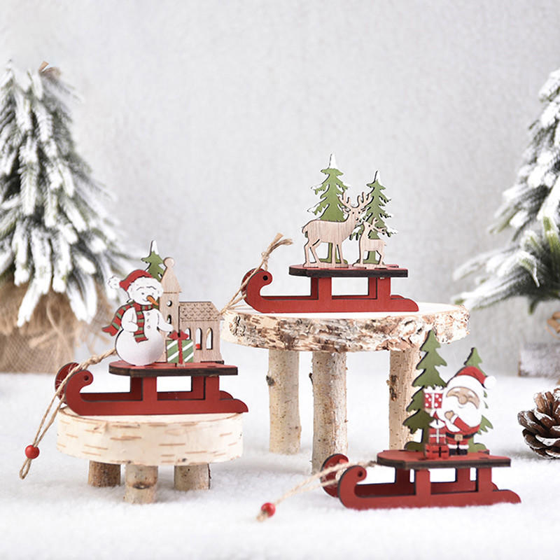 Cute Christmas Sledge Shape Ornaments DIY Wooden Santa Snowman Desktop Decor Holiday Xmas Tree Assembled Wood The Assembly Decoration