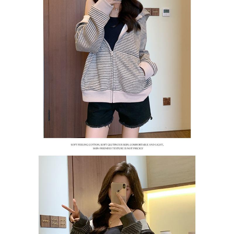 Women S Striped Zip Up Loose Fit Hooded Sweatshirt