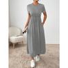 Crew Neck Solid Color Dress - Short Sleeve Drawstring Waist Side Pocket Shift Dress, Casual Breathable Cotton Tunic, Minimalist Everyday Outfit