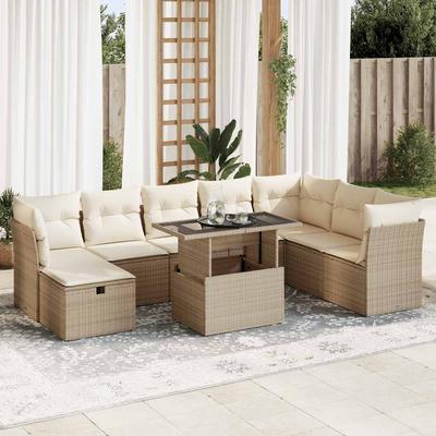 Vidaxl 9-Cz. Garden Furniture Set With Cushions, Beige, Poly Rattan