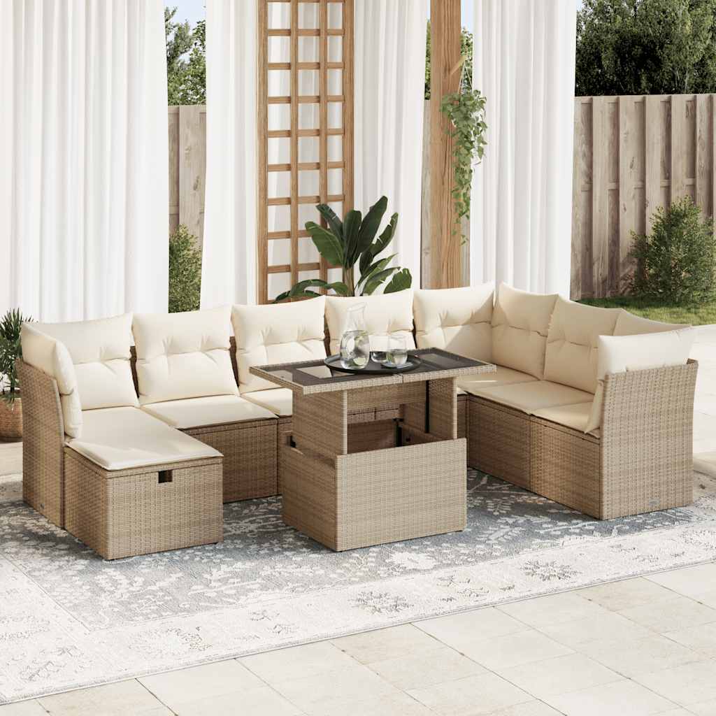Vidaxl 9-Cz. Garden Furniture Set With Cushions, Beige, Poly Rattan