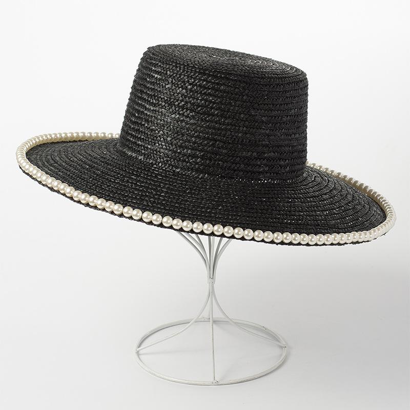 

New fashion pearl chain hat eaves straw flat hat straw hat outdoor travel sunscreen beach hat M 56-58cm чорний