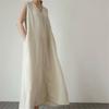 Original Cotton Linen Women Dress With Pocket Solid Loose V-Neck Sleeveless Summer Korean Long Robe Dress For Women