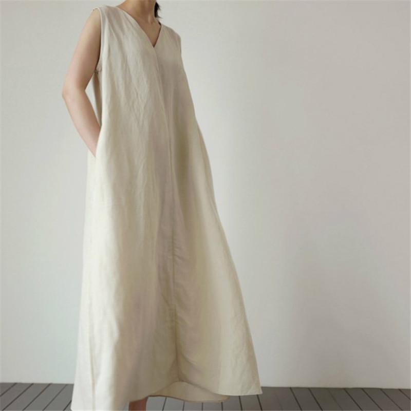 Original Cotton Linen Women Dress With Pocket Solid Loose V-Neck Sleeveless Summer Korean Long Robe Dress For Women