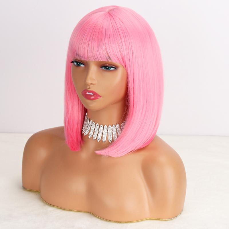 LISI HAIR Damenmode, kurze, reinweiße Bob-Perücke mit glattem Pony, Kunstfaser, schulterlang, glatt, Bob, weiß-silberne Perücke