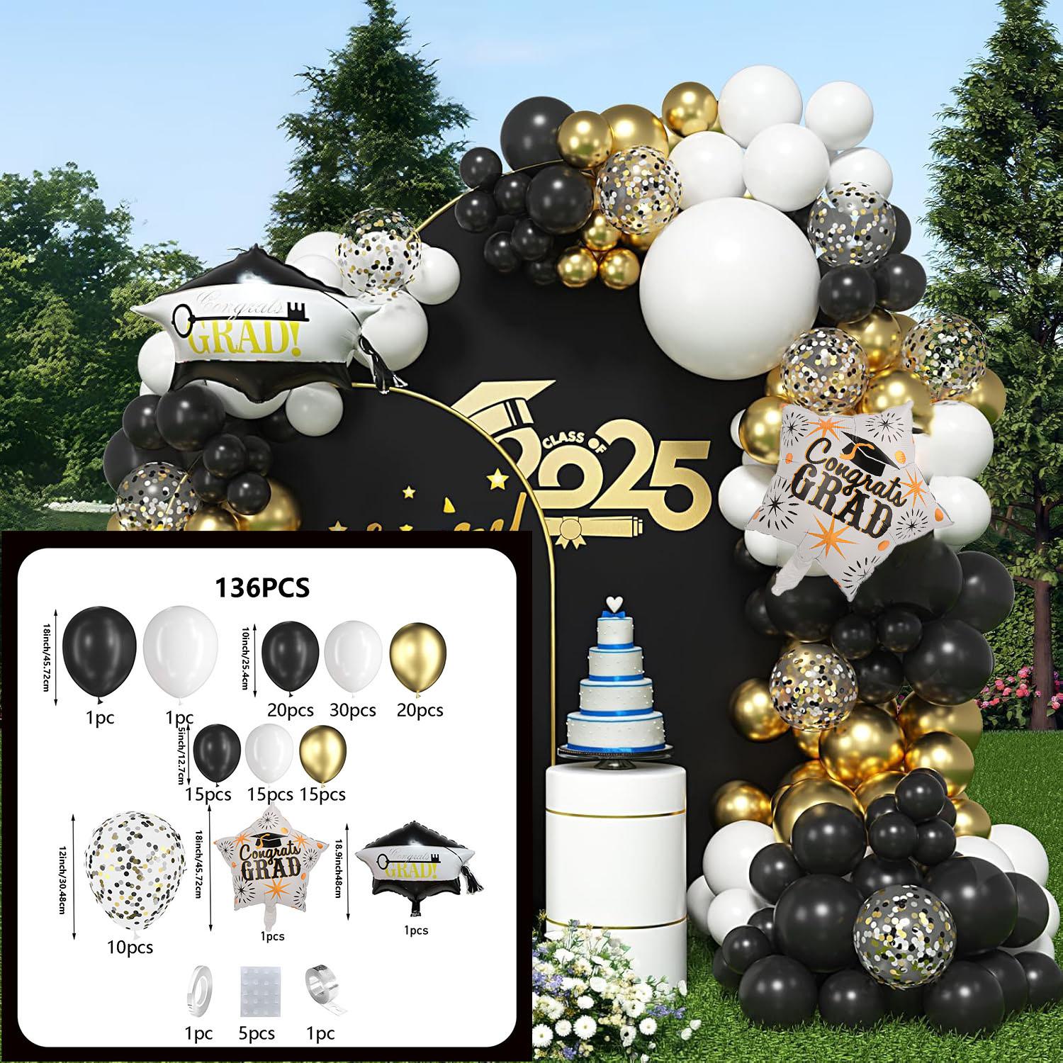 

136Pcs Black White Gold Balloon Arch Garland Kit Graduation Cap Star Balloon Graduation Party Graduation Birthday Decoration Other