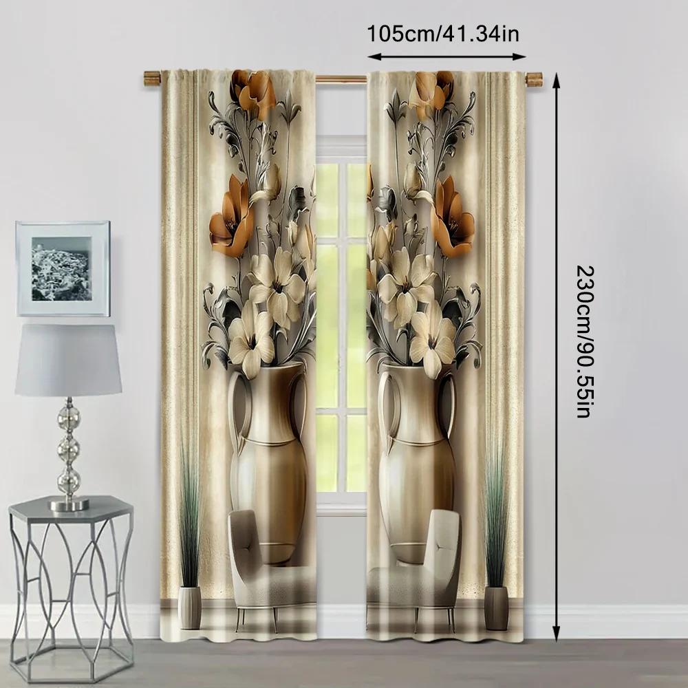 2pcs, Curtains 2D print Vase Floral Print Versatile Fabric (without rod) Outdoor Decorations Ldeal for Living Room and Bedroom