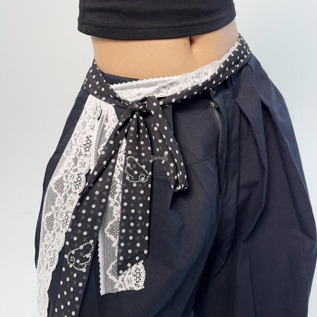 Retro Damstil Prickig Sidenscarf Bälte med Spets Midjekorsett - Perfekt till Jeans eller Kjola