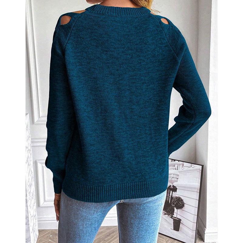 European and American Autumn/Winter Women's Woolen Sweater: Hollow Fabric Strip Patchwork Long Sleeve Knitwear, Round Neck Pullover Top