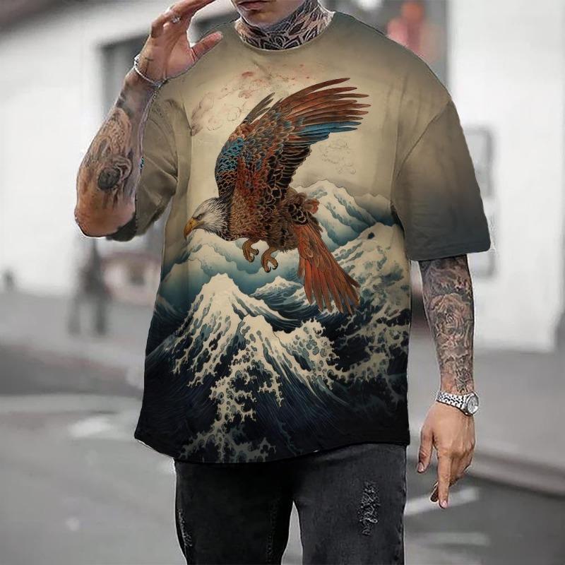 Camiseta casual masculina com blocos de cores, estampa 3D, gola redonda, manga curta, camiseta grande, roupas masculinas, tops, streetwear, verão