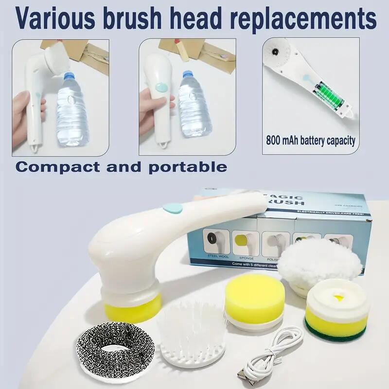 5-in-1-Multifunktions-Elektro-Reinigungsbürste, USB-Aufladung, Badezimmer-Waschbürste, Küchen-Reinigungswerkzeug, Geschirrspülbürste, Badewanne