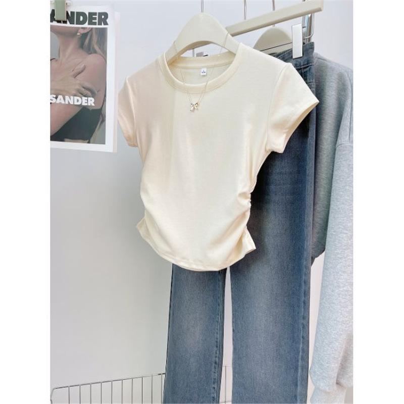 

Women s Solid Color Ruched Shoulder Short Sleeve T-Shirt with Irregular Waist XL