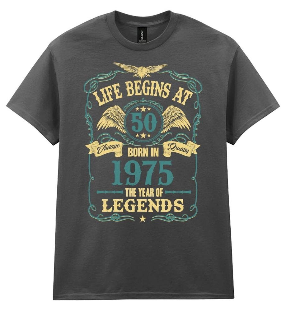 

Life Begins at 50 Mens Birthday T-Shirt Born in 1975 Legends 50th Gift For Him S