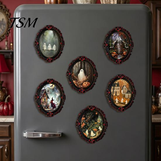 Spooky Witch Castle Wall Art Halloween Wooden Refrigerator Magnets, Vintage Gothic Oval Frame Fridge Magnets with Unique Kitchen Metal Surface