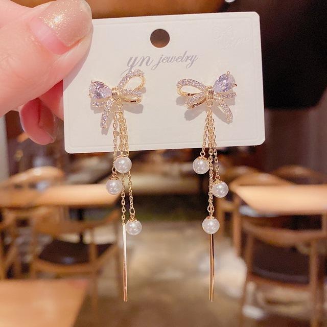 

Серьги-капли с фиолетовыми кристаллами и бабочками для женщин, новая мода, искусственный жемчуг, кисточка, цепочка со стразами, серьги, ювелирные изделия, подарок