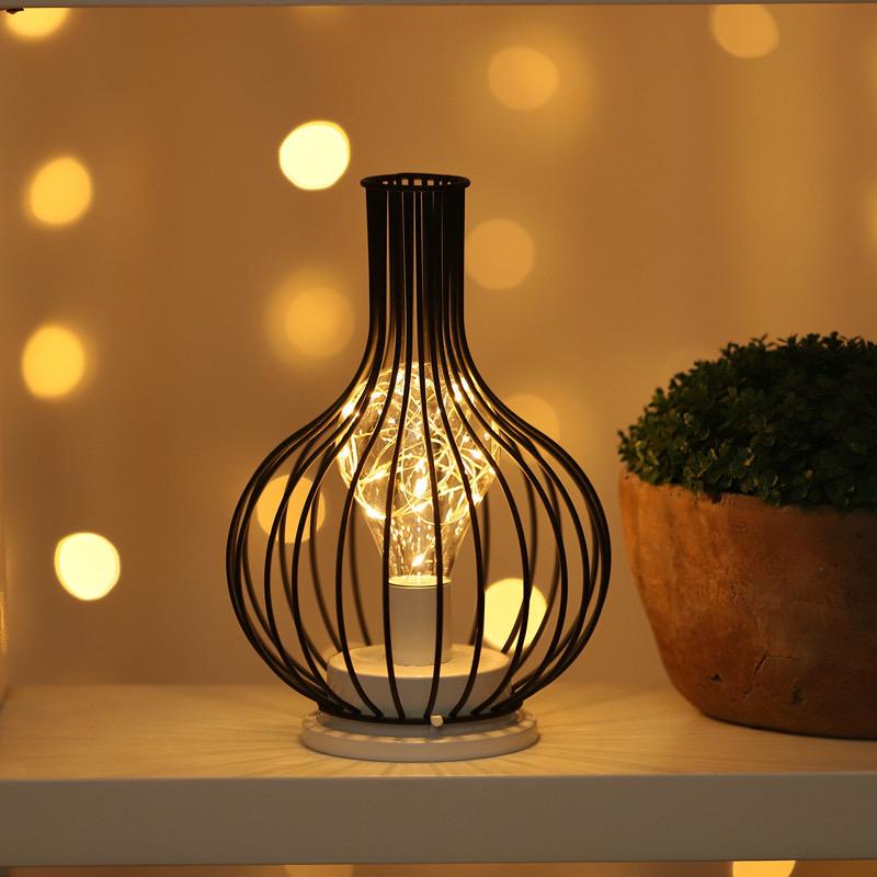 1PC Indoor Iron Wire Cage Design Night Light,Battery-Powered LED Lamp, Decorative Table Lighting for Bedroom, Living Room