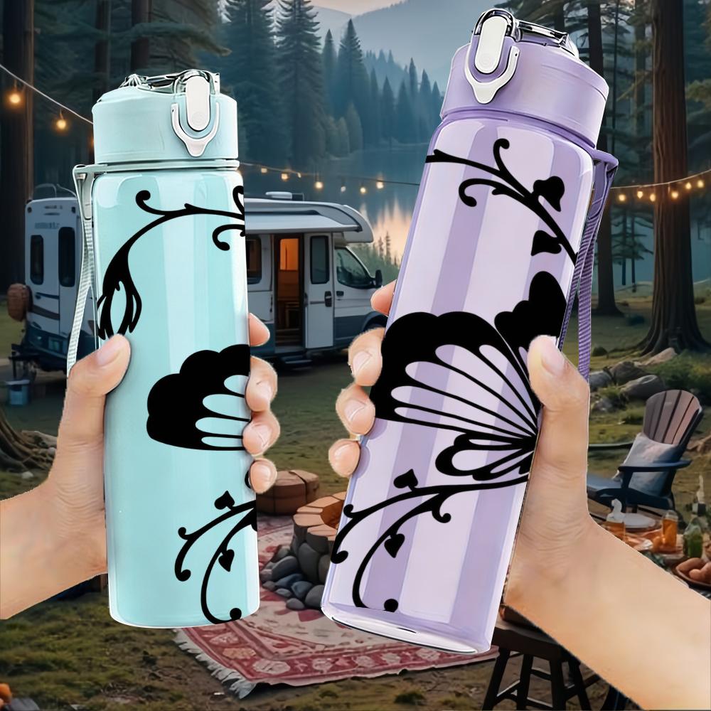 1PC Swirl Frame Butterfly Line 750ml Color Plastic Sports Water Bottle Leakproof Flip Straw Lid Suitable for Sports Office Home Use