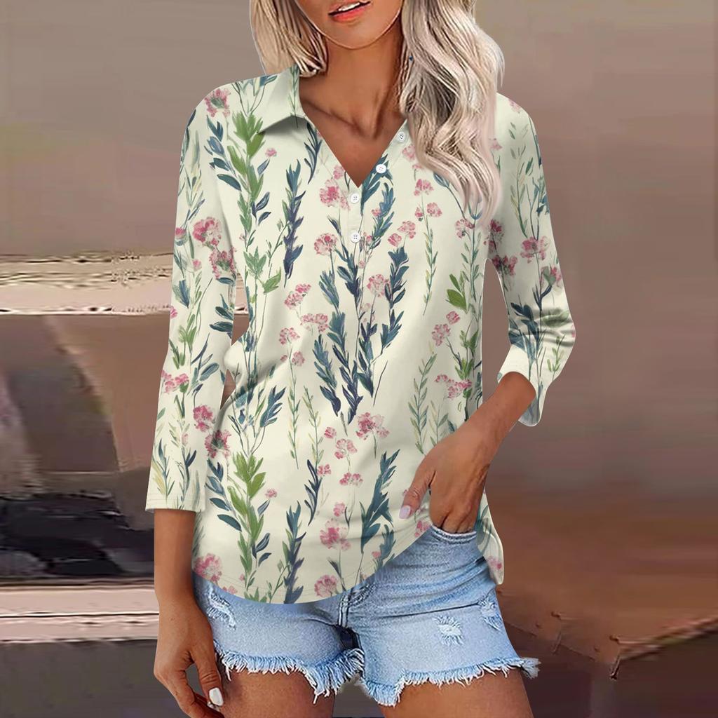 Women's Fashion Casual Lapel 3/4 Sleeve Print Shirt Women's Button Up Tops