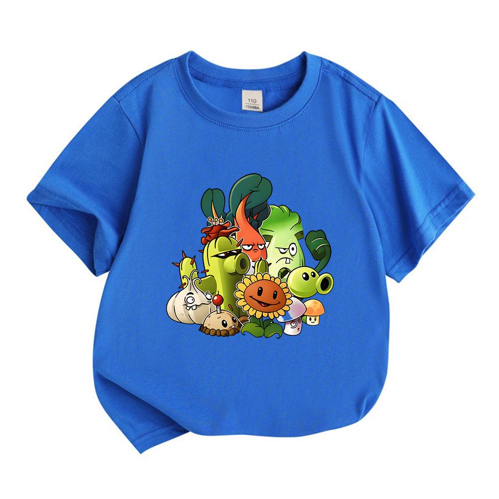 Kids Boys Girls 100% Cotton Crew Neck Short Sleeve T-Shirt Cute Game Plant Character Printed Casual Soft Breathable Tee for Children Daily Wear
