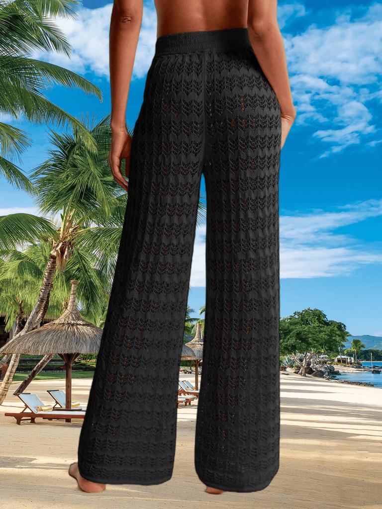 Womens Crochet Mesh Cover Up Pants High Waist Wide Leg Beach Trousers