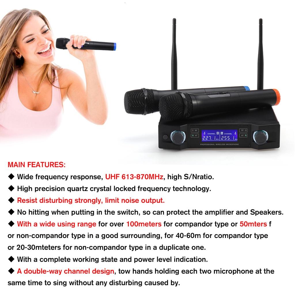 12V 0-280mV 2 Channel New UHF Professional Dual Wireless Microphone System Kits Cordless Handheld Mic Long Range for Karaoke Speech