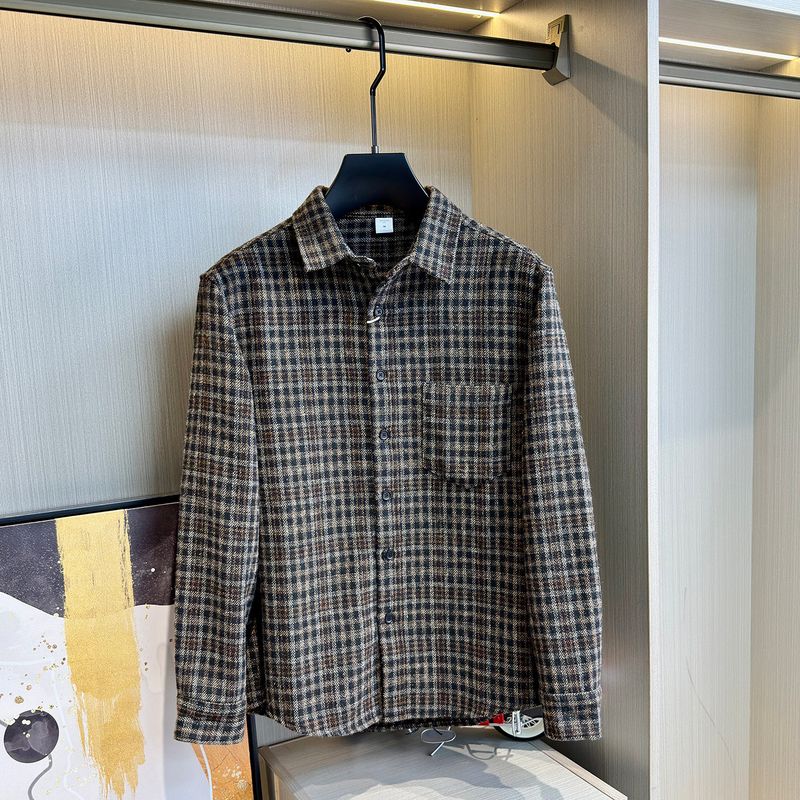 Vintage Plaid Shirt for Men, Long-Sleeve, Turn-Down Collar, Casual Japanese Style, Brushed Fabric, Loose Fit Jacket Brown XL